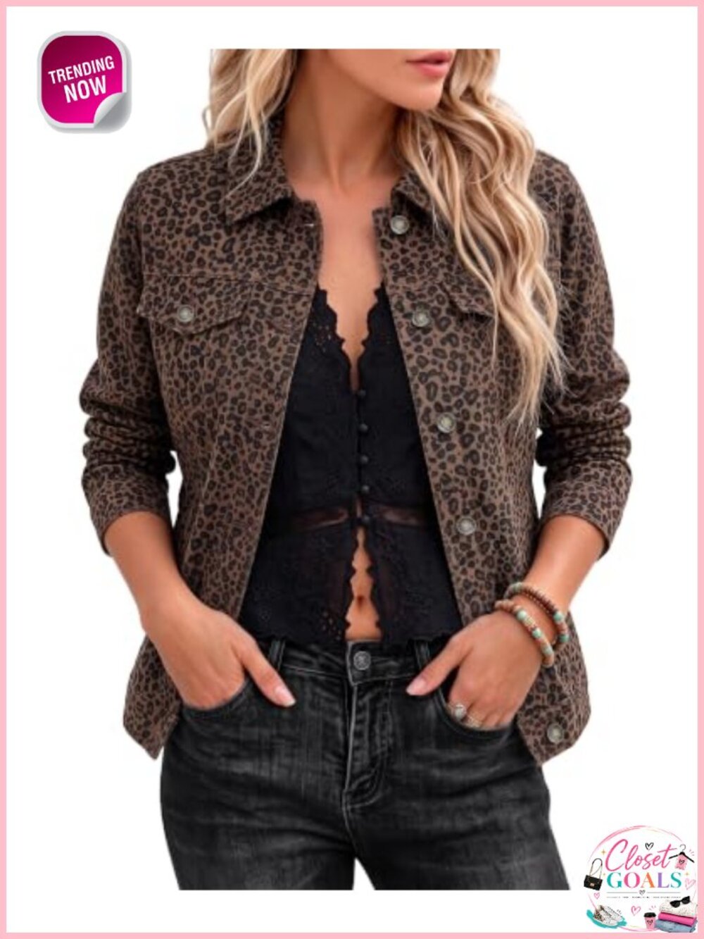 Leopard Cheetah Print Stretch Button Down Jean Jacket